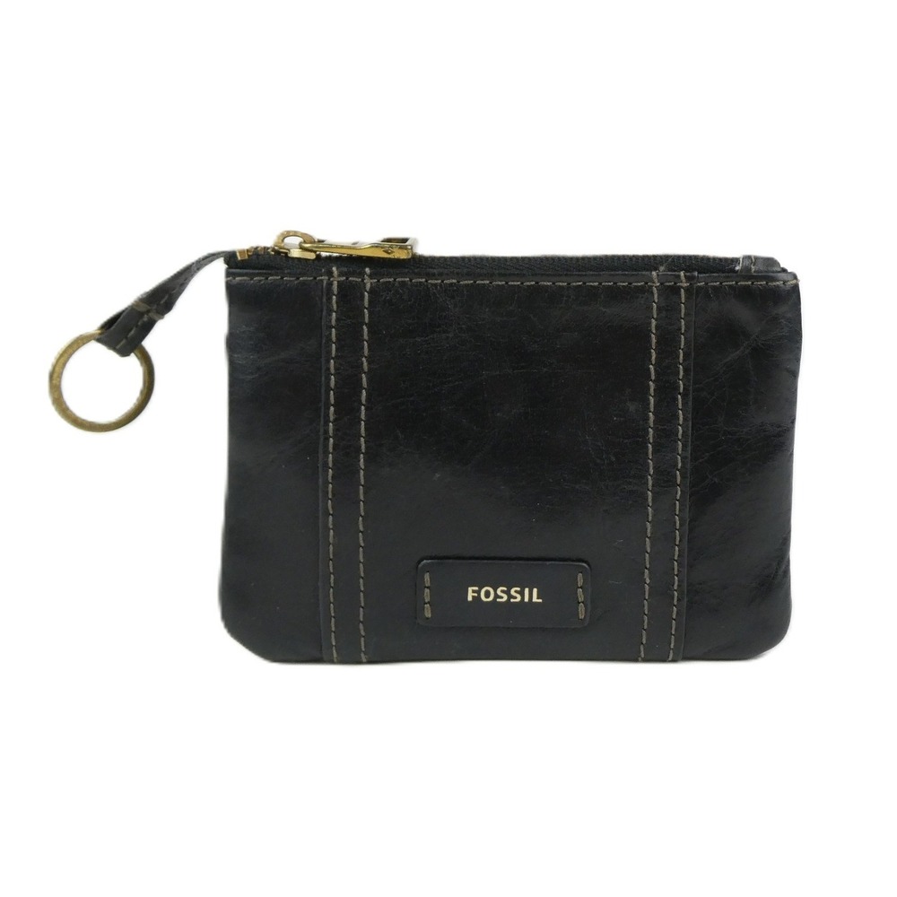 Fossil Black Leather Zip Coin Case w/ Keychain
